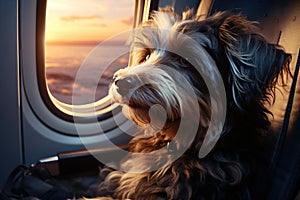 portrait of a cute fluffy dog looking out the airplane window