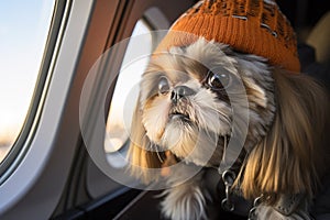 portrait of a cute fluffy dog in orange knitted hat looking out the airplane window