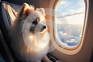 portrait of a cute fluffy white dog looking out the airplane window