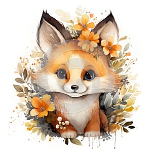 Portrait of a cute fox with flowers in her hair. Watercolor cartoon illustration