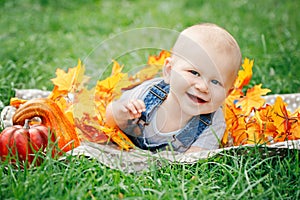 Portrait of cute funny adorable blond Caucasian baby boy with blue eyes in tshirt and jeans romper lying on grass field meadow