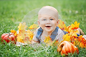 Portrait of cute funny adorable blond Caucasian baby boy with blue eyes in tshirt and jeans romper lying on grass field meadow