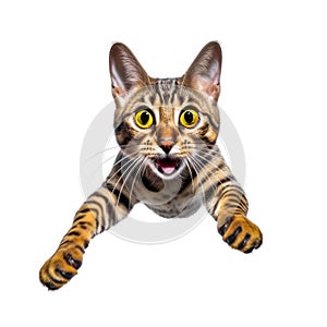 portrait cute funny Bengal cat,wild animal, jumps towards the camera, fluffy pet, isolated