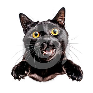 portrait cute funny Bombay cat,black animal, jumps towards the camera, fluffy pet, isolated