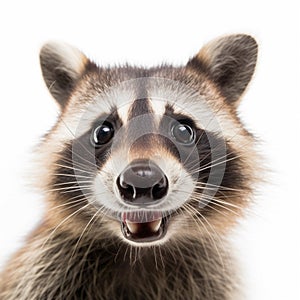 Portrait of a cute funny raccoon, closeup, isolated on a white background, AI generative