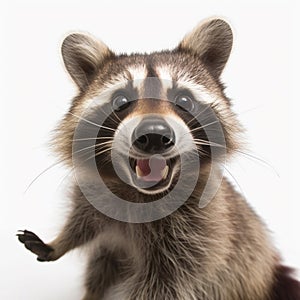 Portrait of a cute funny raccoon, closeup, isolated on a white background, AI generative