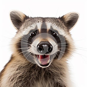 Portrait of a cute funny raccoon, closeup, isolated on a white background, AI generative