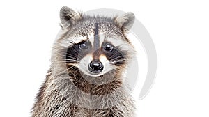 Portrait of a cute funny raccoon, closeup, isolated on a white background. AI Generative