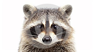 Portrait of a cute funny raccoon, closeup, isolated on a white background. AI Generative