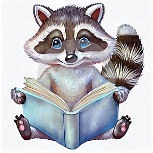 Portrait of a cute funny raccoon reading book, closeup, isolated on a white background. Illustration for little children