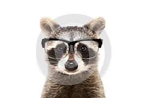 Portrait of a cute funny raccoon wearing glasses