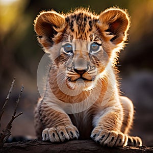 Portrait of a cute and funny wild lion cub looking at the camera