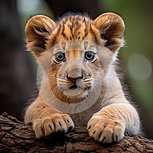 Portrait of a cute and funny wild lion cub looking at the camera