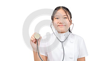 Portrait of cute girl doctor or nurse with stethoscope isolated on white