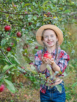 Portrait of a cute girl in a farm garden with a red apple