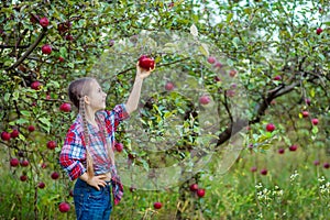 Portrait of a cute girl in a farm garden with a red apple.