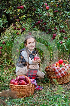 Portrait of a cute girl in a farm garden with a red apple.