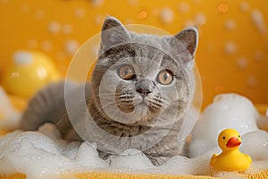 portrait cute gray british cat sitting with little yellow rubber bath duck and soap foam on orange background