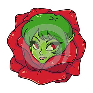 Portrait of cute green hair girl with elf ears and red eyes in red rose. Female head framed by a rosebud. Can be used for tattoo,