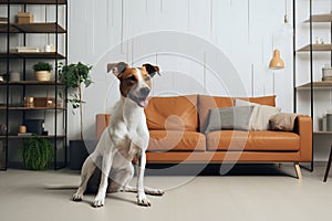 Portrait cute happy dog landing in cozy living room for commercial page