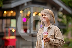 Portrait of cute happy little boy eating ice cream