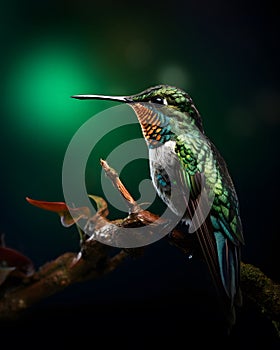 portrait of a cute humming bird on a dark forest background
