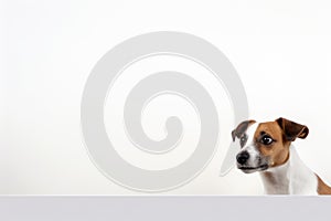 Portrait of a cute jack russel puppy looking around the corner of a white empty board, AI Generated