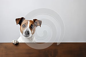 Portrait of a cute jack russel puppy looking around the corner of a white empty board, AI Generated