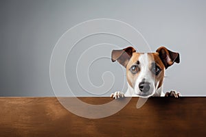 Portrait of a cute jack russel puppy looking around the corner of a white empty board, AI Generated