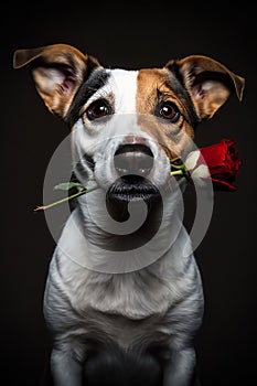 Portrait of cute jack Russell terier dog holding a red rose in its teeth