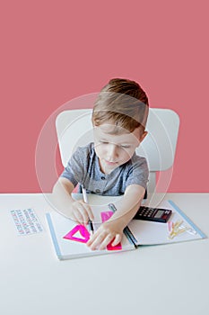 Portrait of cute kid boy at home making homework. Little concentrated child writing with colorful pencil, indoors. Elementary