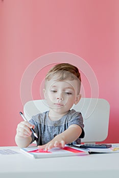 Portrait of cute kid boy at home making homework. Little concentrated child writing with colorful pencil, indoors. Elementary