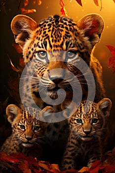 portrait of a cute leopardess and her cutest cubs
