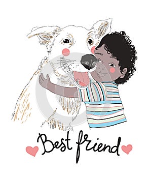 Portrait of cute little African-American boy hugging dog and Best Friend lettering handwritten with cursive font. child