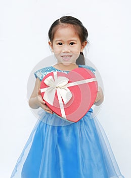 Portrait of a cute little Asian child girl with red heart gift box for Valentine festival isolated on white background