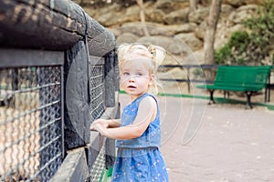 Portrait of cute little blondy toddler girl looking at camera and leaning on a wooden fence in the zoo or city park Child safety c