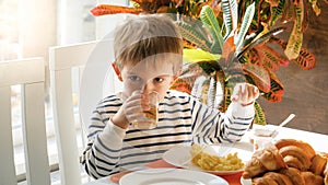 Portrait of cute little boy drinkin gjuice while having reakfast in dining room