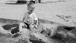 Portrait of cute little boy making sand castle on the sea beach