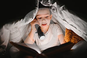 Portrait of cute little boy reading in bed with flashlight in dark room, enjoying fairytales