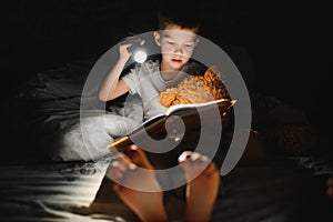 Portrait of cute little boy reading in bed with flashlight in dark room, enjoying fairytales.