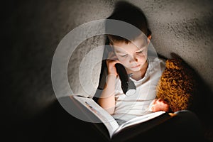 Portrait of cute little boy reading in bed with flashlight in dark room, enjoying fairytales.