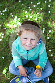 Portrait of a cute little boy sitting on the grass