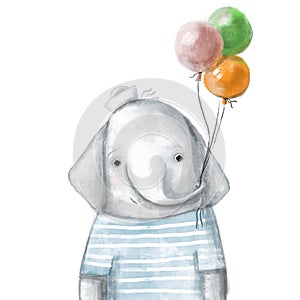portrait of a cute little elephant with colored balloons, birthday illustration with funny cartoon character