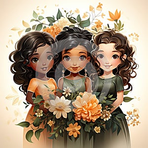 Portrait of cute little girls cartoon personage and flowers