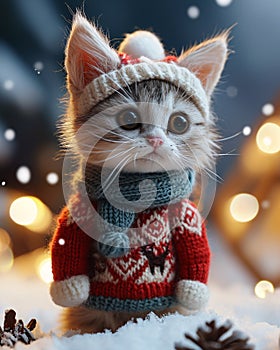 Portrait of a cute little kitten with Christmas sweater, hat and scarf, a winter atmosphere