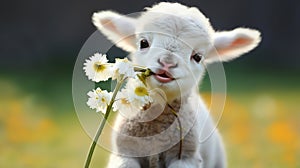 Portrait of a cute little lamb eating flower in a meadow