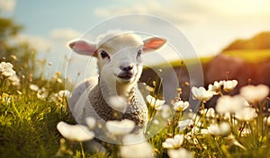 Portrait of a cute little lamb in a meadow