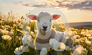 Portrait of a cute little lamb in a meadow