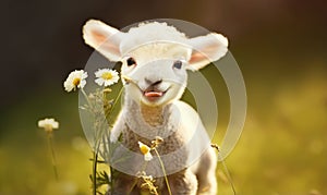 Portrait of a cute little lamb in a meadow