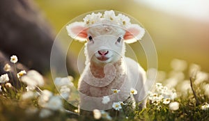 Portrait of a cute little lamb in a meadow